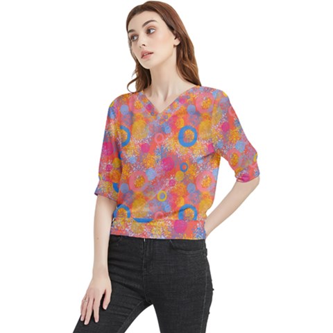 Multicolored Splashes And Watercolor Circles On A Dark Background Quarter Sleeve Blouse by SychEva