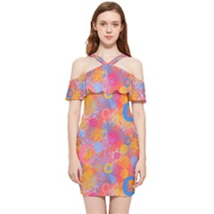 Multicolored Splashes And Watercolor Circles On A Dark Background Shoulder Frill Bodycon Summer Dress by SychEva