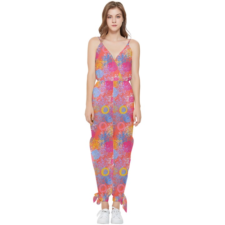 Multicolored Splashes And Watercolor Circles On A Dark Background Sleeveless Tie Ankle Jumpsuit