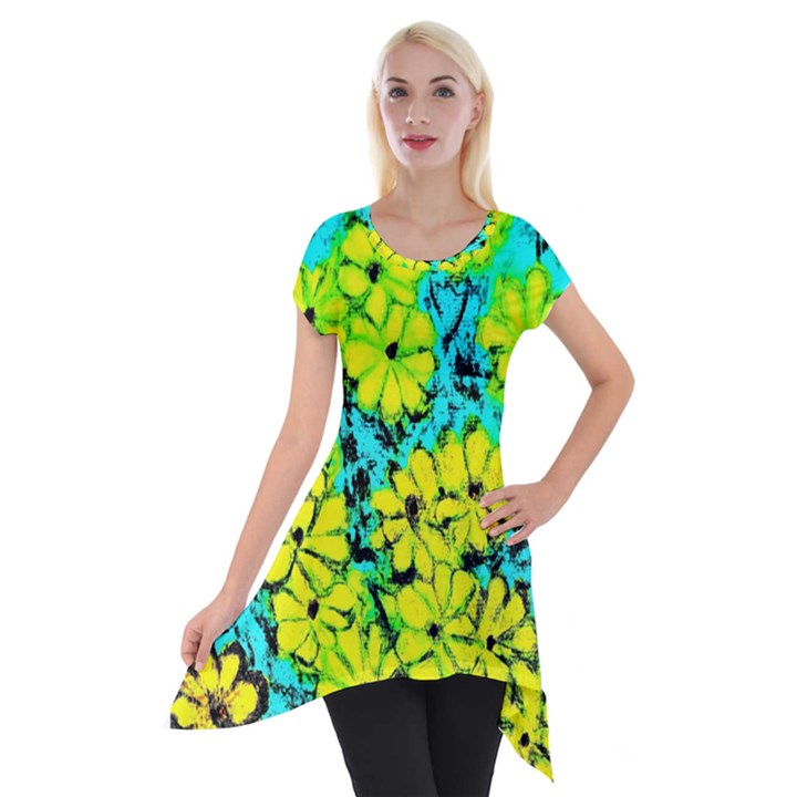 Chrysanthemums Short Sleeve Side Drop Tunic