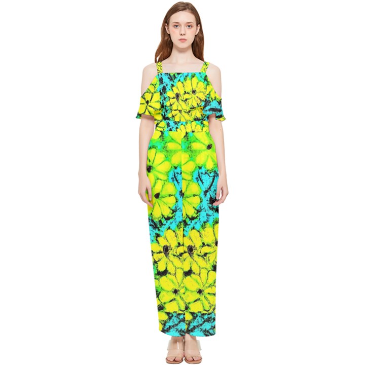 Chrysanthemums Draped Sleeveless Chiffon Jumpsuit