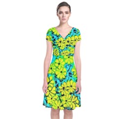 Chrysanthemums Short Sleeve Front Wrap Dress by Hostory