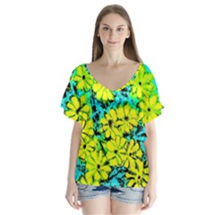 Chrysanthemums V-neck Flutter Sleeve Top by Hostory