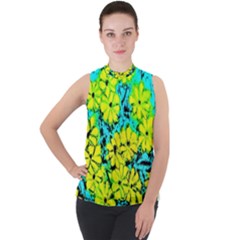 Chrysanthemums Mock Neck Chiffon Sleeveless Top