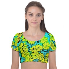 Chrysanthemums Velvet Short Sleeve Crop Top  by Hostory