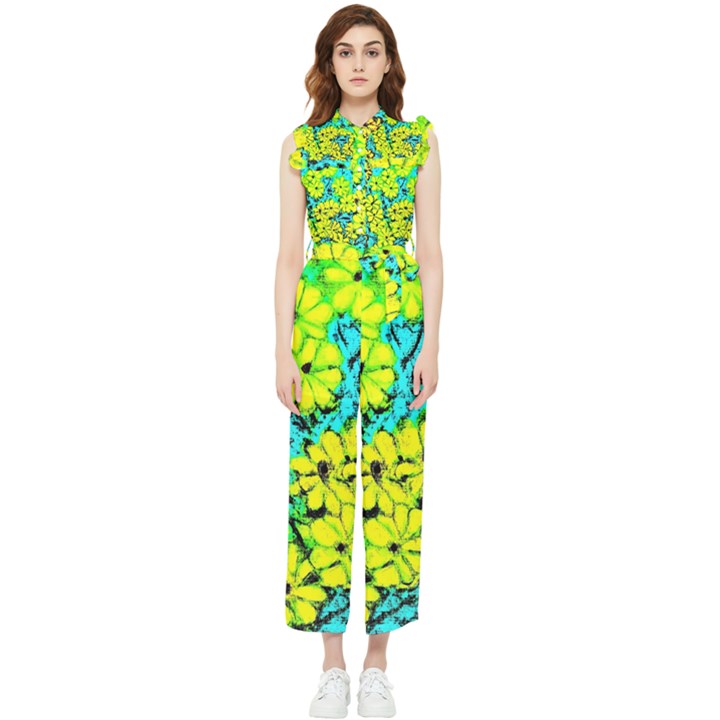 Chrysanthemums Women s Frill Top Jumpsuit