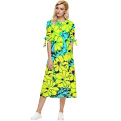 Chrysanthemums Bow Sleeve Chiffon Midi Dress by Hostory