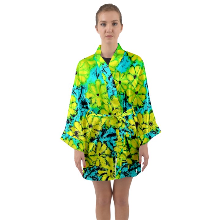 Chrysanthemums Long Sleeve Satin Kimono