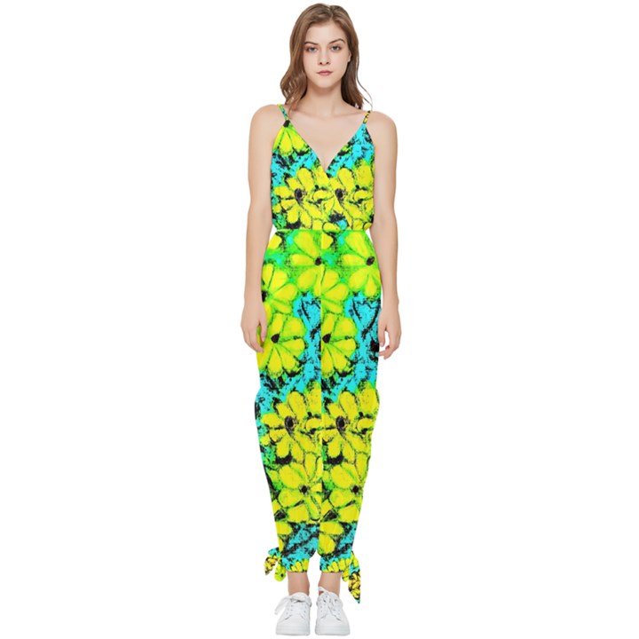 Chrysanthemums Sleeveless Tie Ankle Jumpsuit