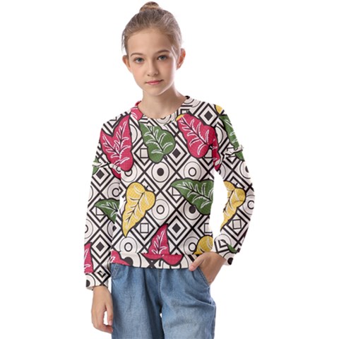 Leaves Foliage Batik Seamless Kids  Long Sleeve Tee With Frill  by Amaryn4rt