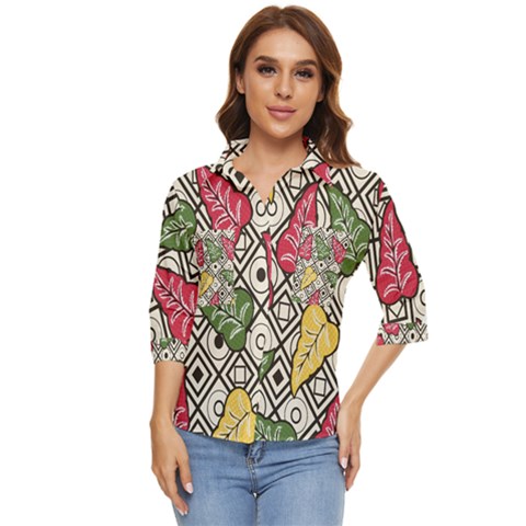 Leaves Foliage Batik Seamless Women s Quarter Sleeve Pocket Shirt by Amaryn4rt