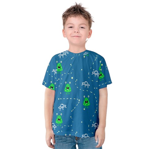 Funny Aliens With Spaceships Kids  Cotton Tee by SychEva