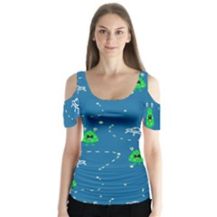 Funny Aliens With Spaceships Butterfly Sleeve Cutout Tee 