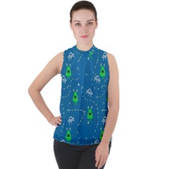 Funny Aliens With Spaceships Mock Neck Chiffon Sleeveless Top by SychEva