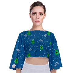 Funny Aliens With Spaceships Tie Back Butterfly Sleeve Chiffon Top by SychEva