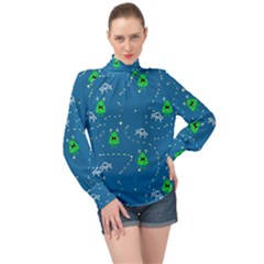 Funny Aliens With Spaceships High Neck Long Sleeve Chiffon Top