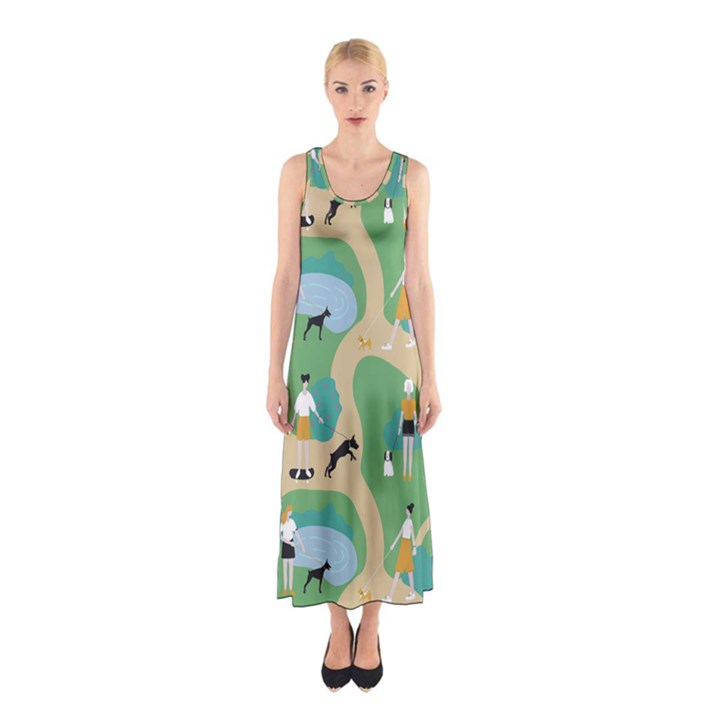 Girls With Dogs For A Walk In The Park Sleeveless Maxi Dress