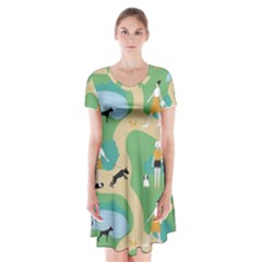 Girls With Dogs For A Walk In The Park Short Sleeve V-neck Flare Dress by SychEva