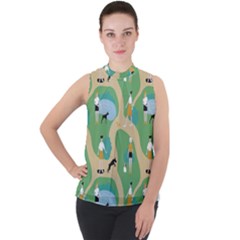 Girls With Dogs For A Walk In The Park Mock Neck Chiffon Sleeveless Top by SychEva