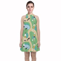 Girls With Dogs For A Walk In The Park Velvet Halter Neckline Dress  by SychEva