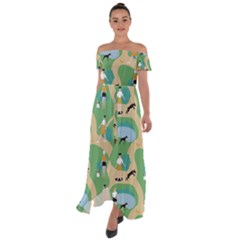 Girls With Dogs For A Walk In The Park Off Shoulder Open Front Chiffon Dress by SychEva