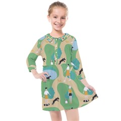 Girls With Dogs For A Walk In The Park Kids  Quarter Sleeve Shirt Dress by SychEva