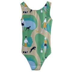 Girls With Dogs For A Walk In The Park Kids  Cut-out Back One Piece Swimsuit by SychEva