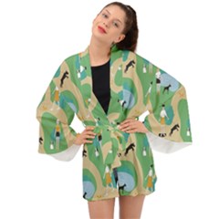 Girls With Dogs For A Walk In The Park Long Sleeve Kimono by SychEva