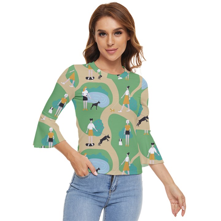 Girls With Dogs For A Walk In The Park Bell Sleeve Top