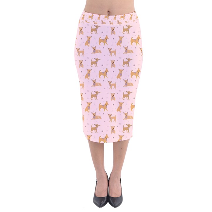 Cute Chihuahua With Sparkles On A Pink Background Velvet Midi Pencil Skirt