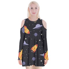 Cosmos Rockets Spaceships Ufos Velvet Long Sleeve Shoulder Cutout Dress by Amaryn4rt