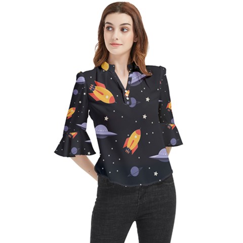 Cosmos Rockets Spaceships Ufos Loose Horn Sleeve Chiffon Blouse by Amaryn4rt