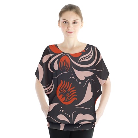 Folk Flowers Pattern Floral Surface Design Seamless Pattern Batwing Chiffon Blouse by Eskimos