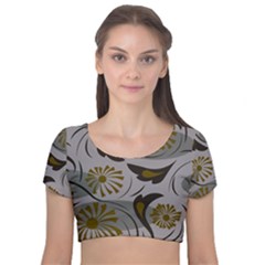 Folk Flowers Pattern Floral Surface Design Seamless Pattern Velvet Short Sleeve Crop Top  by Eskimos