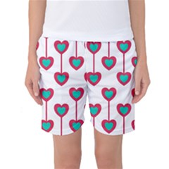 Red Hearts On A White Background Women s Basketball Shorts by SychEva