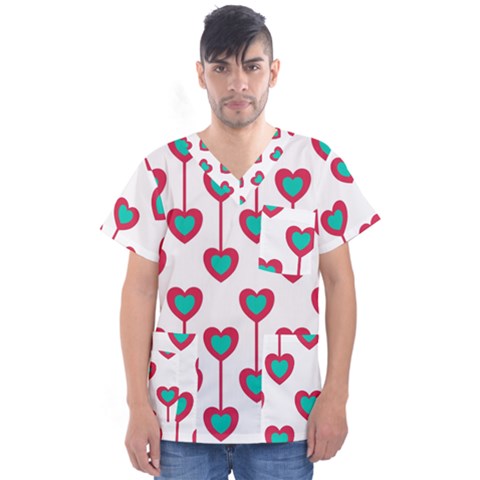 Red Hearts On A White Background Men s V-neck Scrub Top by SychEva