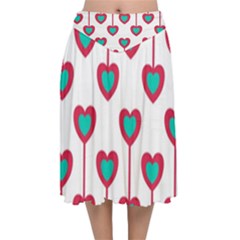 Red Hearts On A White Background Velvet Flared Midi Skirt by SychEva