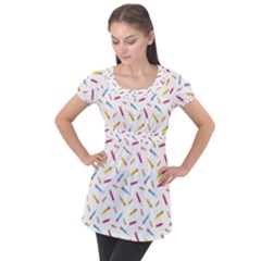 Multicolored Pencils And Erasers Puff Sleeve Tunic Top by SychEva