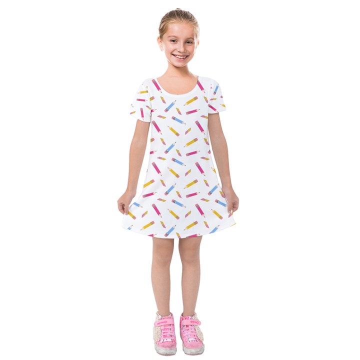 Multicolored Pencils And Erasers Kids  Short Sleeve Velvet Dress