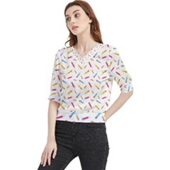 Multicolored Pencils And Erasers Quarter Sleeve Blouse