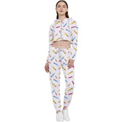 Multicolored Pencils And Erasers Cropped Zip Up Lounge Set by SychEva