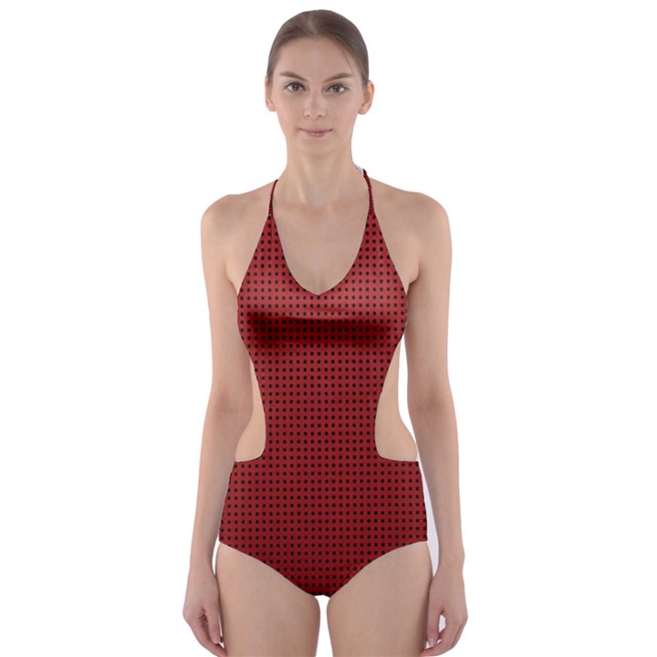 Metallic Mesh Screen 2-red Cut-Out One Piece Swimsuit