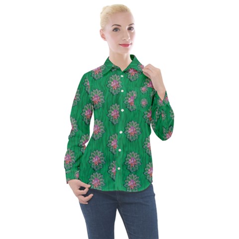 Lotus Bloom In The Blue Sea Of Peacefulness Women s Long Sleeve Pocket Shirt by pepitasart