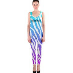 White Tiger Purple & Blue Animal Fur Print Stripes One Piece Catsuit by Casemiro