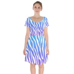 White Tiger Purple & Blue Animal Fur Print Stripes Short Sleeve Bardot Dress by Casemiro