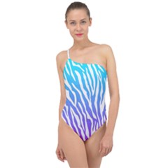 White Tiger Purple & Blue Animal Fur Print Stripes Classic One Shoulder Swimsuit by Casemiro