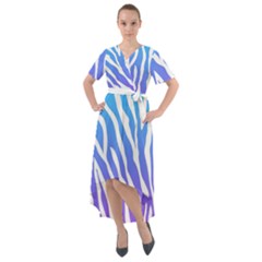 White Tiger Purple & Blue Animal Fur Print Stripes Front Wrap High Low Dress by Casemiro