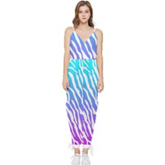 White Tiger Purple & Blue Animal Fur Print Stripes Sleeveless Tie Ankle Jumpsuit by Casemiro