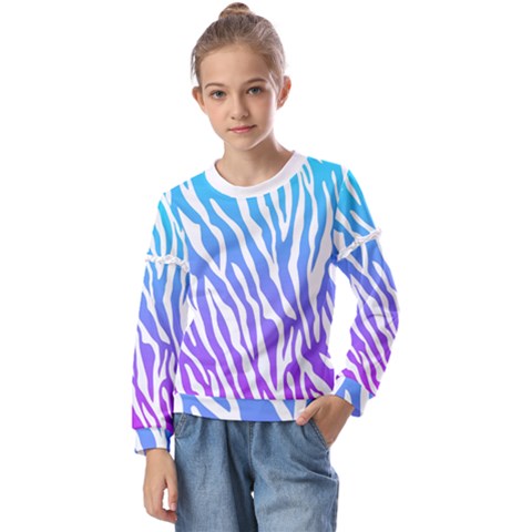 White Tiger Purple & Blue Animal Fur Print Stripes Kids  Long Sleeve Tee With Frill  by Casemiro