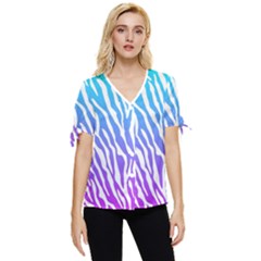 White Tiger Purple & Blue Animal Fur Print Stripes Bow Sleeve Button Up Top by Casemiro